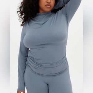 Girlfriend Collective Taylor mock neck top gathered long sleeve blue M NWT
